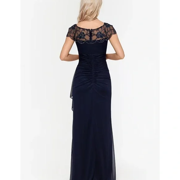 XSCAPE NWT Beaded Cap Sleeve Round Neck Ruched Cascade Ruffle Side Gown (PLUM) - Picture 10 of 12